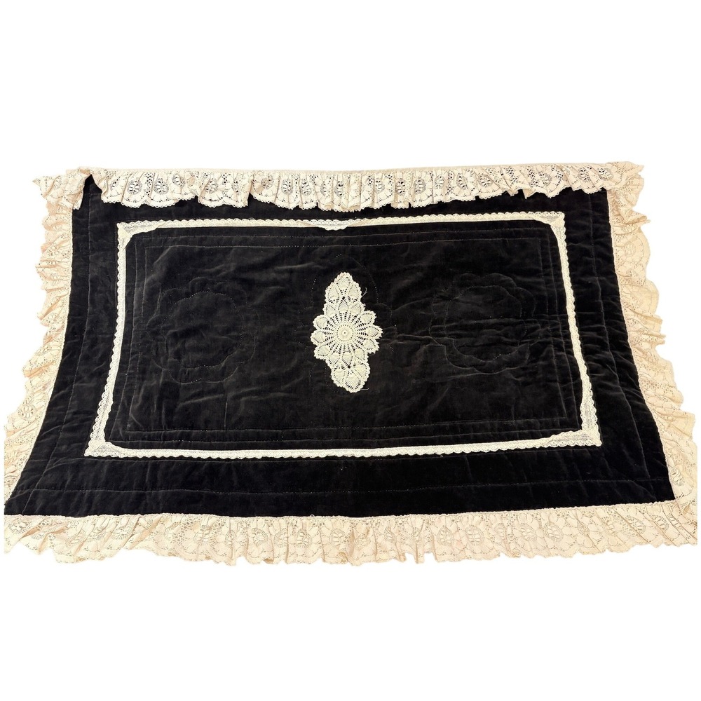 Vintage Black Velvet Quilted Throw Lace Ruffle Trim Doily Accent 40x60 Victorian